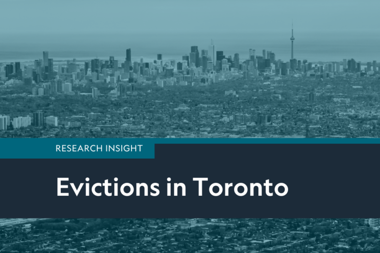 Caption: Research insight: Evictions in Toronto. Toronto skyline in the background.